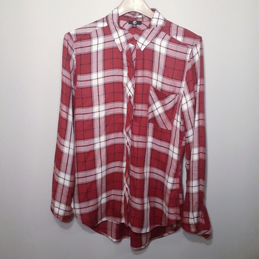 A&I red and white plaid button down shirt